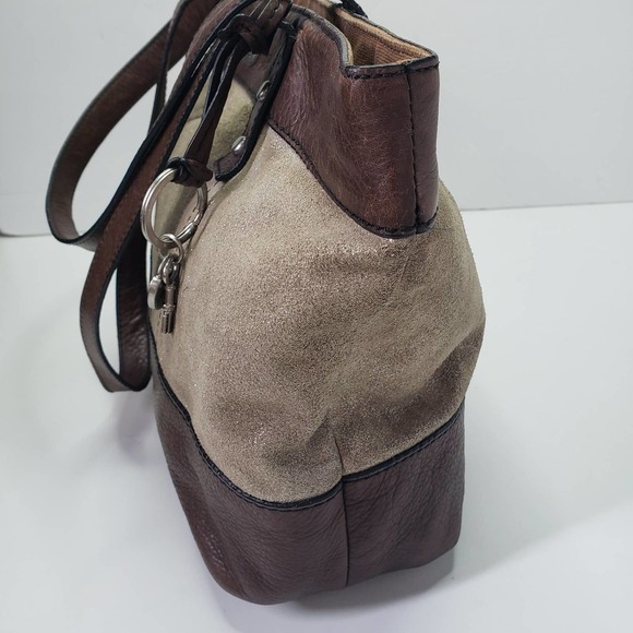 Fossil Zip Top Shoulder Bag Tote Leather Shimmer Fabric Purse - Picture 3 of 13